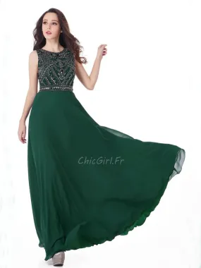 Robe De Soirée Bal Longue Fluide Vert Sapin Mousseline Strass Col Montant